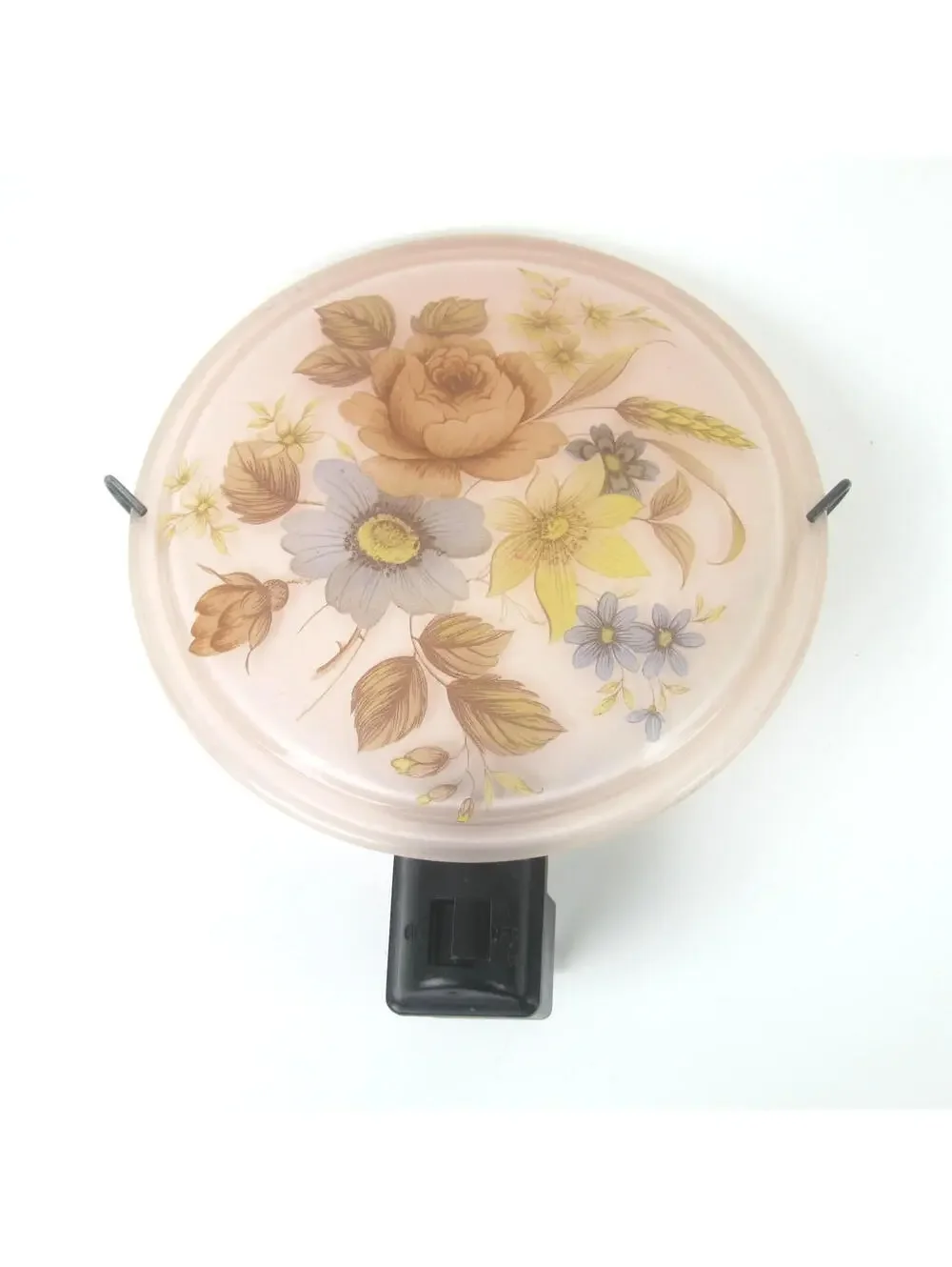 Vintage Floral Plug-in Night Light Pink Glass Shade Yellow Blue Flowers WORKS